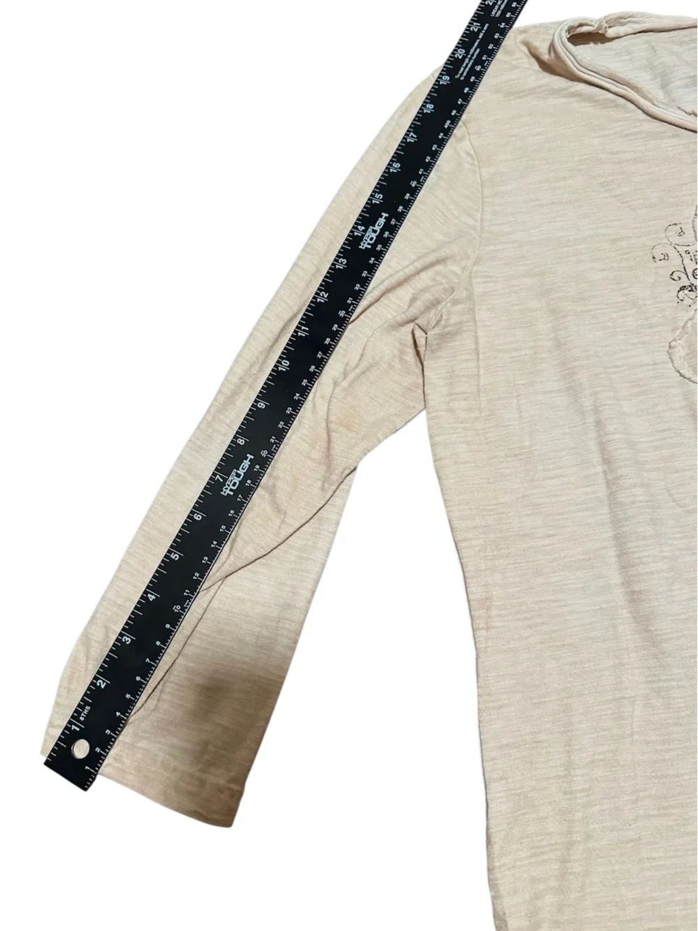 Boho Embellished Cross Graphic 3/4 Sleeve Top  Beige Tee | See Measurements - Picture 6 of 8